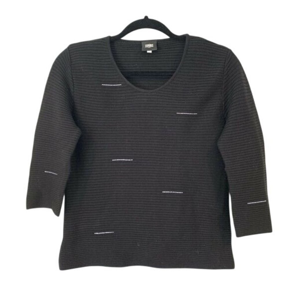 Versace Jeans Couture M Black Ribbed Knit 3/4 Sleeve Sweater Rhinestone Accents